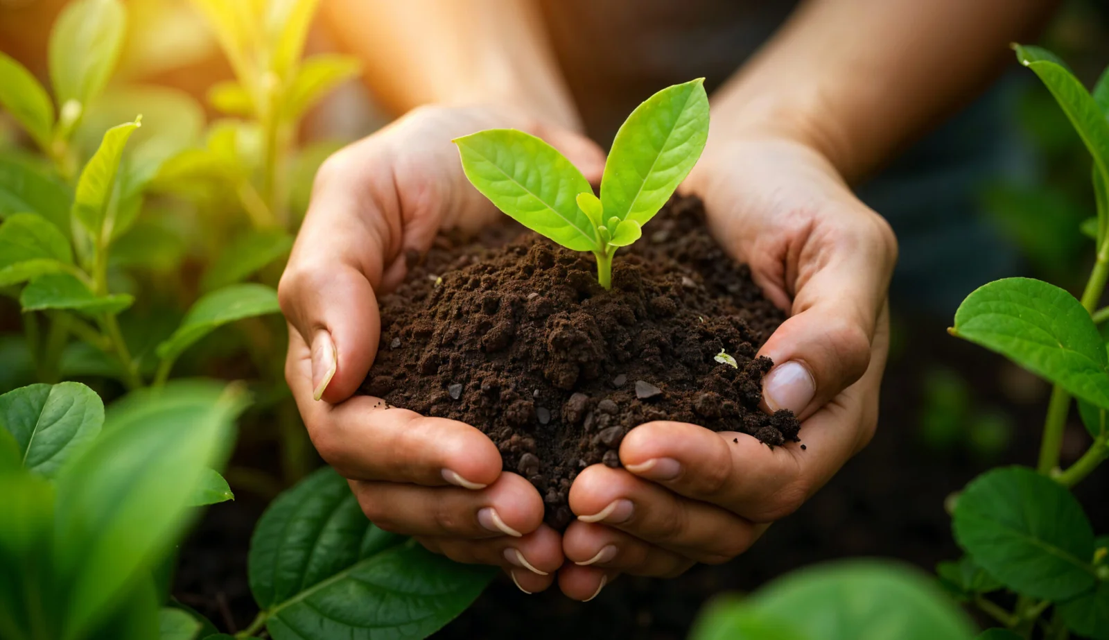Hands holding a young plant, representing sustainable agriculture, ecosystem restoration, and environmental growth.